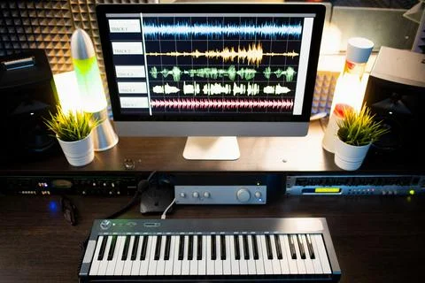 Piano keyboard and computer screen with waveform sound visualization on desk 스톡 사진