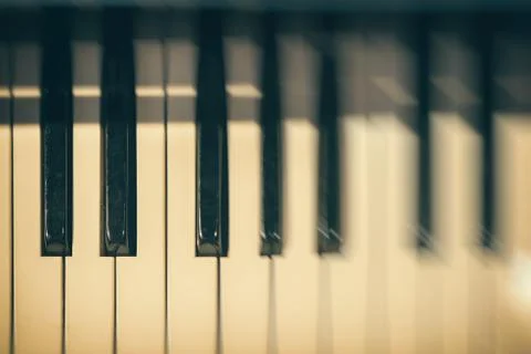 Piano keyboard background with selective focus. Blur keyboard and musical notes Stock Photos