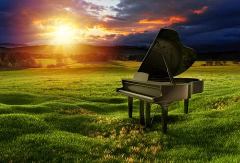 Piano on the meadow under the dramatic sky Stock Illustration
