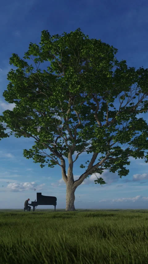 Piano performer under the tree of life against blue sky, vertical video Stock Footage 340454971