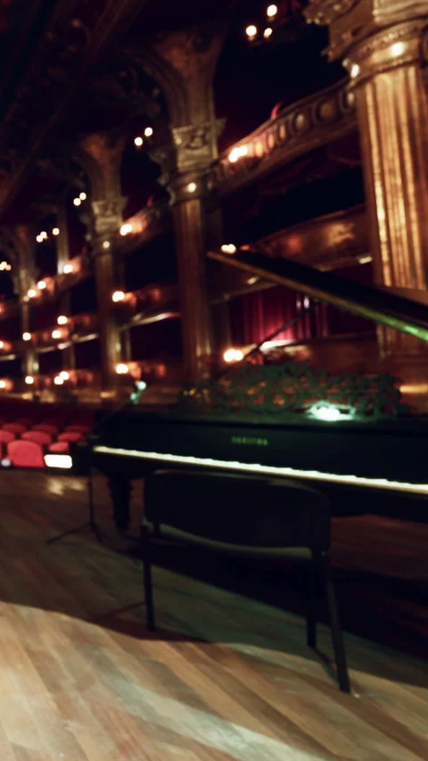 Piano on stage in a theater with empty rows of seats and soft lighting Stock Footage 340877863