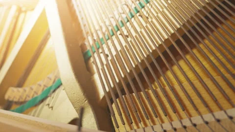 Piano Strings and Soundboard Close-Up Slider Shot: Inner Mechanism of Upright Stock Footage 329892236