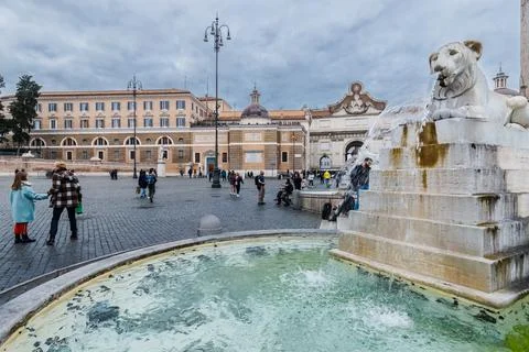 Piazza del Popolo and its Leoni fountain in Rome, Italy Stock Photos