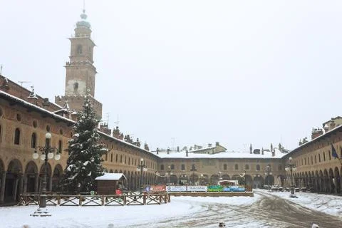 Piazza Ducale and Sforza Castle in Vigevano during a snowfall in 2012 Stock Photos