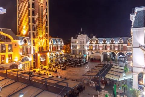Piazza square and clock tower in Batumi at night. Stock Photos