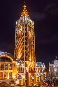 Piazza square and clock tower in Batumi at night. Stock Photos