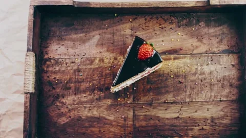 Picasso effect of Delicious strawberry cake on a wooden tray with decorations Stock Footage 231906048