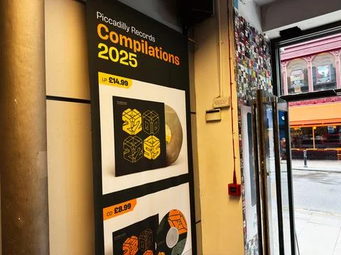 Piccadilly Records poster promoting Compilations 2025 vinyl album by Variou.. Stock Photos