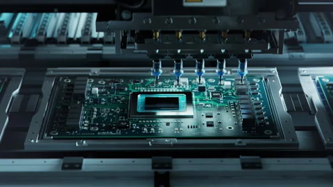 Pick and Place machine installs Components on Circuit Board Stock Footage 241488058