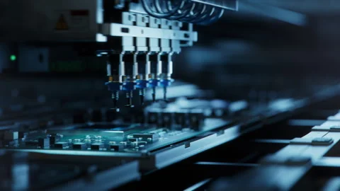 Pick and Place machine quickly installs Components on Circuit Board Stock Footage 241489379