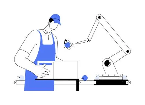 Pick and place robots abstract concept vector illustration. Stock Illustration