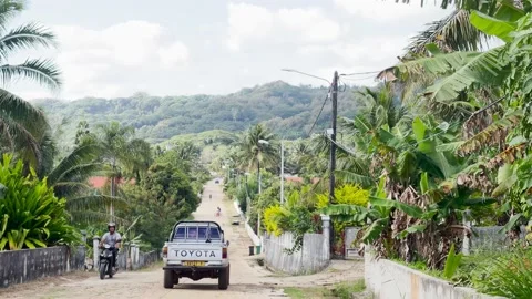 Pick Up Driving on a sand road through a Polynesian Village Stock-Footage 201489685