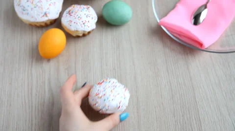 Pick up the Easter cake with a festive table. Stock Footage 61636464