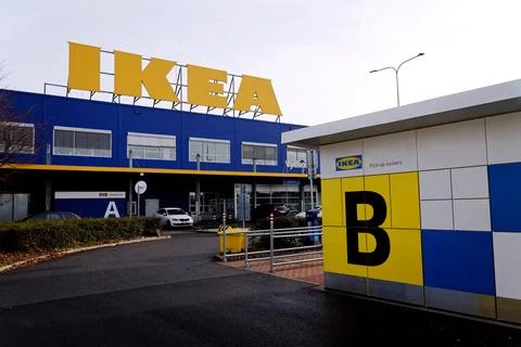 Pick-up lockers in front of an IKEA store with a rooftop logo capturing las.. Stock Photos