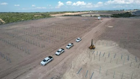 Pick up of workers parked during the construction of a solar farm Stock Photos