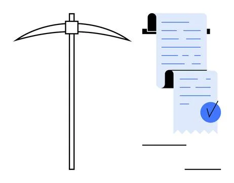 A pickaxe and two documents with a blue check mark on a plain background show 스톡 일러스트