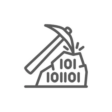 Pickaxe with binary stone code, blockchain, cryptocurrency line icon. Stock Illustration