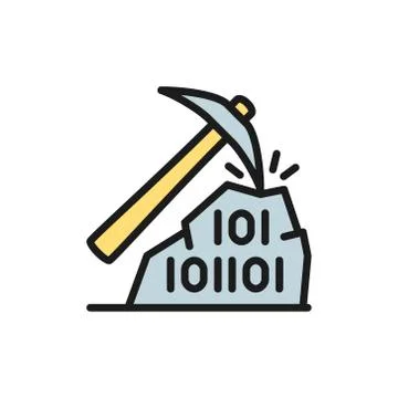 Pickaxe with binary stone code, blockchain, cryptocurrency flat color icon. Illustrazione stock