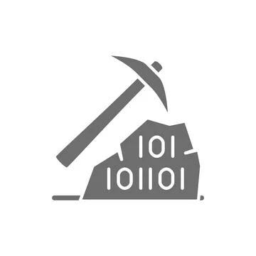 Pickaxe with binary stone code, blockchain, cryptocurrency grey icon. Illustrazione stock