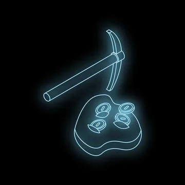 Pickaxe mining ore and extracting digital coins on black background Stock Illustration