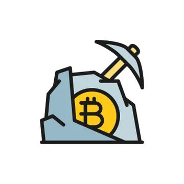 Pickaxe with stone bitcoin, blockchain, cryptocurrency flat color icon. イラスト素材
