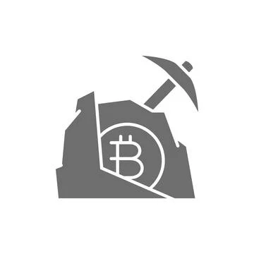 Pickaxe with stone bitcoin, blockchain, cryptocurrency grey icon. 스톡 일러스트