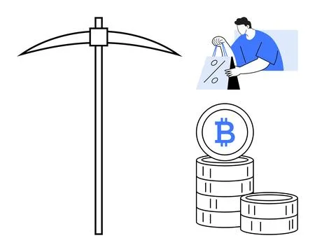 Pickaxe symbolizing bitcoin mining, person holding shopping bags, and stacked イラスト素材