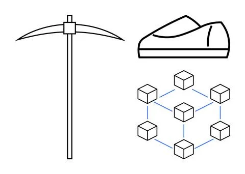 Pickaxe symbolizing mining, interconnected cubes representing blockchain tech Illustrazione stock