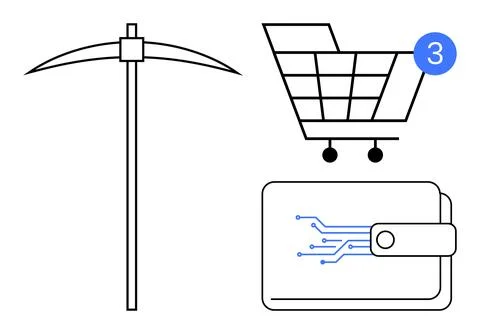 Pickaxe symbolizing mining, shopping cart with notification, and digital wall Stock Illustration
