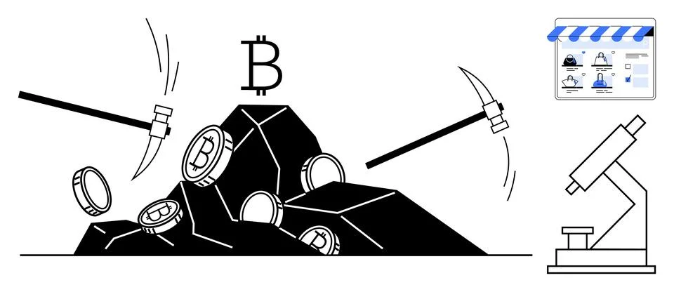 Pickaxes mining Bitcoin from rocks with a microscope and a shop window screen Stock Illustration