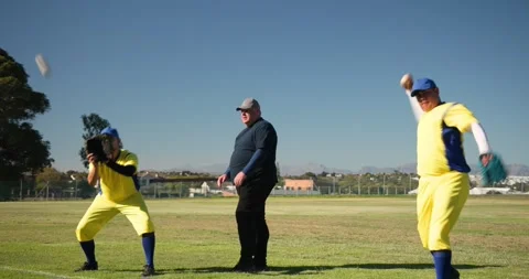 Picking up baseball coach underhand tossing balls to two players on grassy Stock Footage 338325330