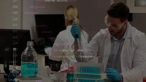 Picking pipette, male tech pipetting blue reagent into tubes for assay with code Stock Footage 331571042