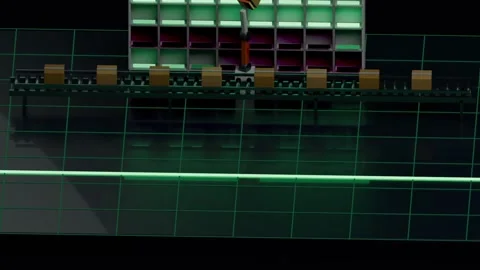 Picking robot arm pulling boxes from rack in plant while conveyor moving, Stock Footage 339193923