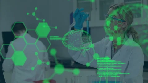 Picking up test tube, scientist activating holographic overlays displaying brain Stock Footage 312829247