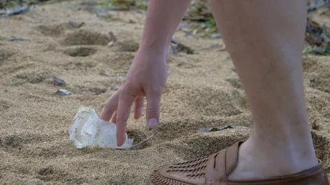 Picking Up Trash On Beach Stock Footage 120491310