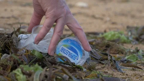 Picking Up Trash On Beach Stock Footage 120491379