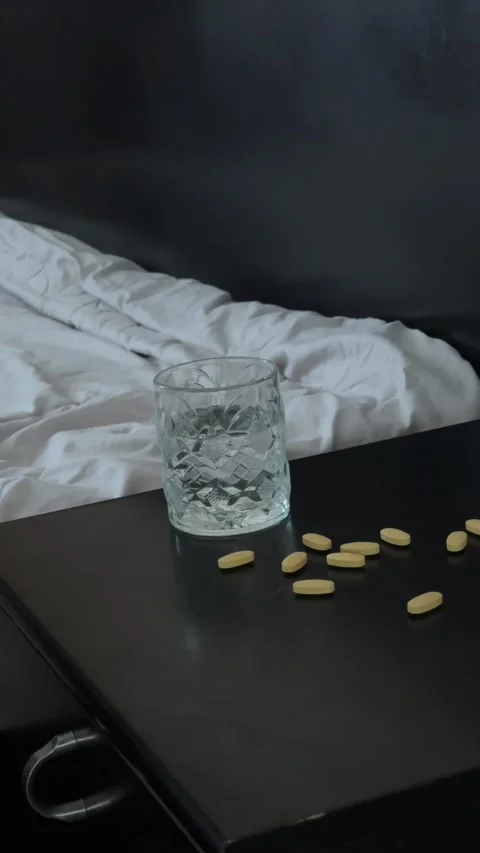 Picking Up Water Glass from Bedside Table Stock Footage 340340996
