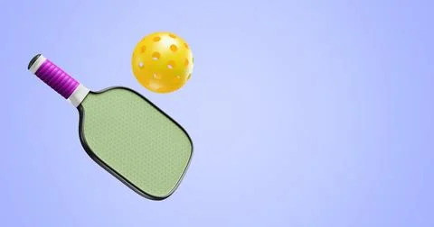 Pickle ball close-up paddle racket and yellow ball with holes. Illustrazione stock