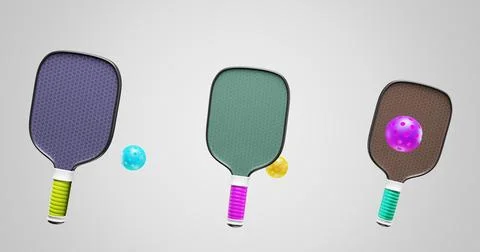 Pickle ball three paddle rackets with plastic balls on a gray background. Illustrazione stock