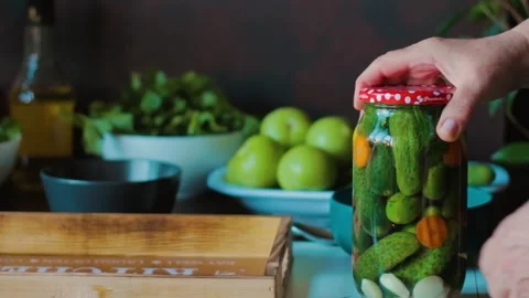The pickle jar is mixed and turned upside down 스톡 동영상 249814536