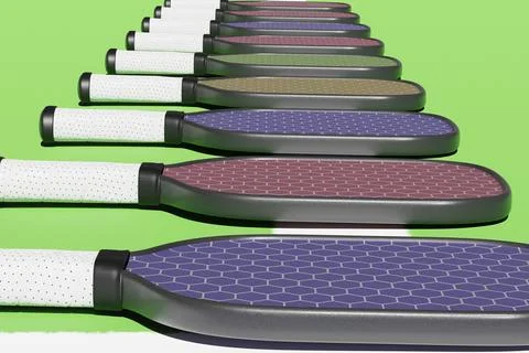 Pickleball different rackets lying in a line on a sports playground. Illustrazione stock