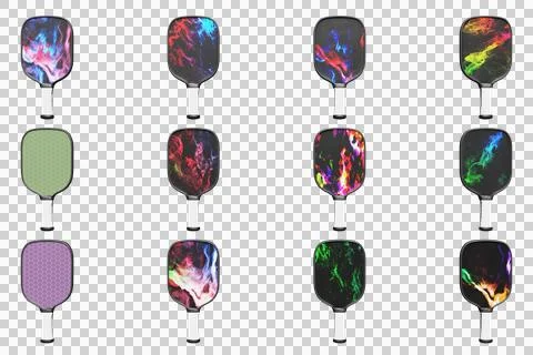 Pickleball many different design rackets in a row on an isolated background. Illustrazione stock