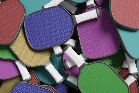 Pickleball many different rackets. Heap top view 3D rendering Illustrazione stock