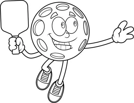 Pickleball Mascot Jumping To Smash With Paddle Black And White Stock Illustration