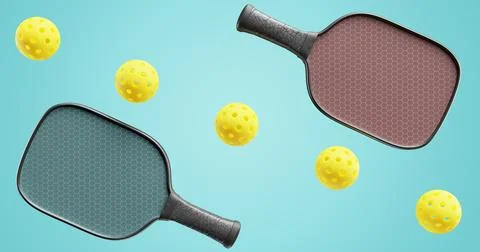 Pickleball multi-colored rackets and balls diagonally in a row. Illustrazione stock