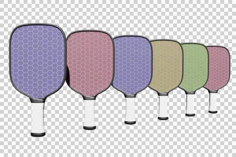 Pickleball multicolored rackets lined up in a row on an isolated background. Illustrazione stock