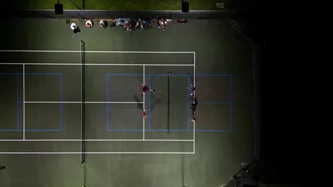 Pickleball night time drone shot one court long dink rally Vídeos de archivo 279846229
