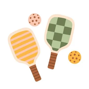 Pickleball paddles and balls vector illustration. Yellow striped and green Illustrazione stock
