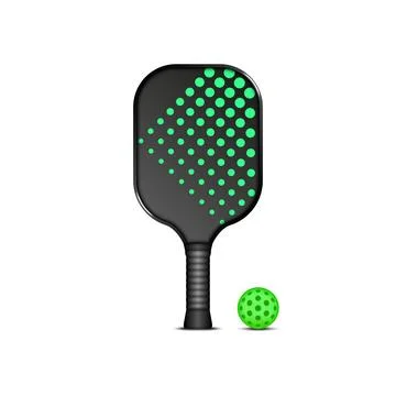 Pickleball racket with neon green dot pattern and green ball front view, is.. Stock Illustration