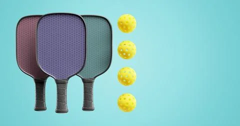 Pickleball set of three rackets and balls on an isolated background. Illustrazione stock